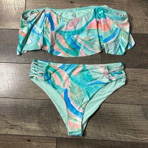 Bebe drop shoulder bikini size XL pink blue green with glittery rhinestones